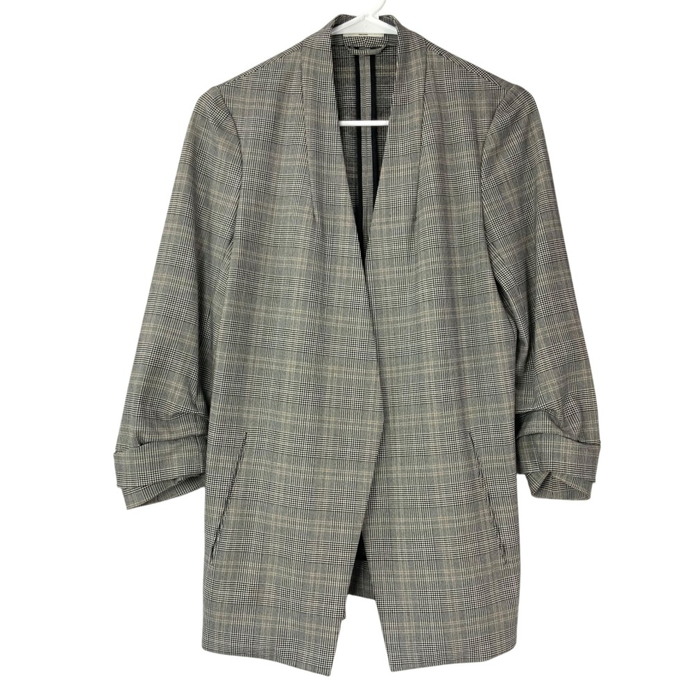 Babaton Grey Plaid Blazer 4 Open Front Shawl Collar 3/4 Ruched Sleeve Longline
